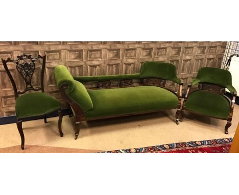 COMPOSED EDWARDIAN MAHOGANY PARLOUR SUITE comprising scroll end sofa, pair of tub chairs and four single chairs, chiefly upho