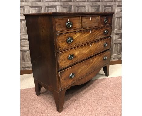 REGENCY MAHOGANY OBLONG CHESTof three short and three long graduated cockbeaded drawers, outlined with boxwood stringing, on 