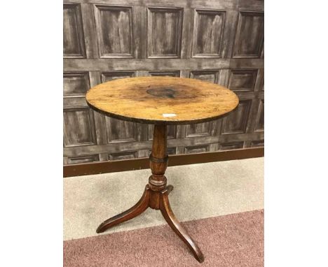 LATE GEORGE III OAK AND ELM CIRCULAR TRIPOD TEA TABLE on turned vase shaped pillar, 57cm diameter