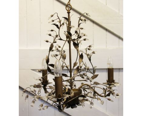 A French gilt metal and glass three branch chandelier, 59cm, with a twin branch wall light (2)