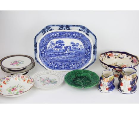 A Copeland Spode Tower pattern blue and white meat plate, a larger Spode 'landscape' meat plate, a Masons Mandalay pattern bo