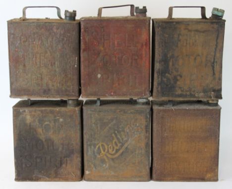 Eight vintage petrol cans, to include; Shell, ROP Motor Sport, Pratts, Redline, two military cans dated 1943 and 1953, a Carb