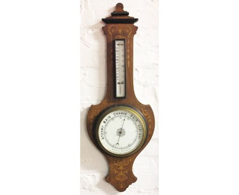 A late Victorian inlaid walnut aneroid barometer, with inset thermometer, 86cm