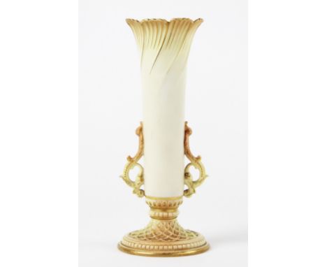 A Royal Worcester blush ivory posy vase, of slender tapering form with scroll handles and lattice moulded circular stepped fo