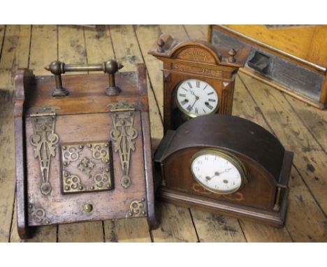 An Edwardian inlaid mahogany eight day mantel clock, a walnut mantel clock with movement striking on a bell and coal purdoniu