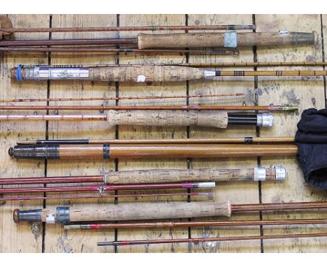 A Hardy Gold Medal Palakona three piece split cane fishing rod, a Hardy Greenheart three piece fishing rod with spare end cas