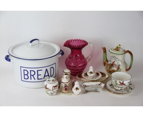 A Victorian cranberry glass jug, with fluted clear glass handle, 22cm, a Coalport Hunting Scene ginger jar and cover, other c