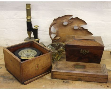 A Regancy mahogany sarcophagus shaped tea caddy, a lacquered brass telescope, a cased gimballed compass, by P.E.X., a box, a 