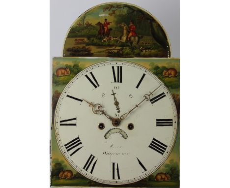 An early 19th century oak and mahogany crossbanded eight day longcase clock, 34cm, enamel Roman numeral dial with subsidiary 