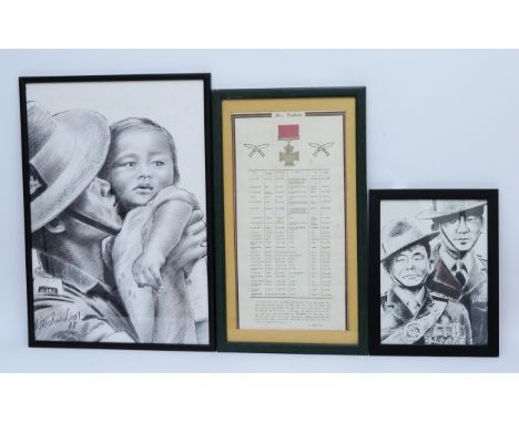 W. Richardson; charcoal drawing depicting a Gurkha with a child in his arms, signed and dated lower left, 50x35cm, together w