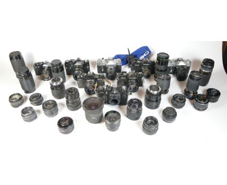 Eight SLR vintage film cameras to include a Zenit TTL, a Chinon CE-4, a Zenit 11 and a Cosina CS-2. Together with twenty seve