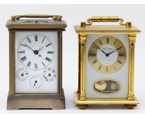 An early 20th century brass case repeater carriage clock, having Roman numerals with three subsidiary dials for date/day of t
