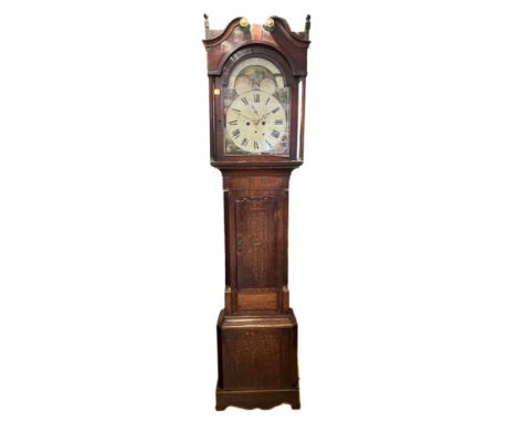 Thomas Earp, Kegworth, Leics, a Georgian eight day painted 13" dial mahogany and oak longcase clock, c.1800/1820, the dials w