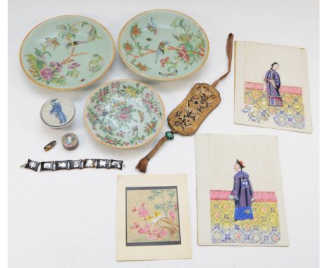 A pair of 19th century Chinese celadon circular plates, profusely decorated and hand painted with butterflies, exotic birds a
