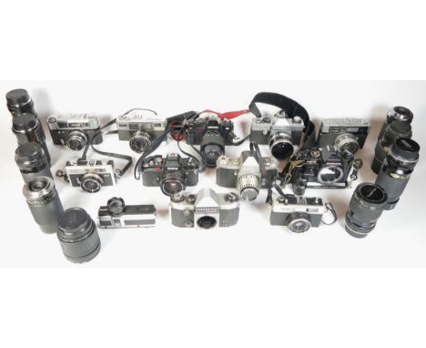 Twelve SLR vintage film cameras to include a Konica TC, a Fujica 350z, a Ricoh 35FM and a Praktica Super TL. Together with fo