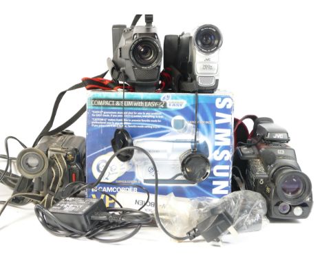 Five video camcorders comprising of a samsung VP-W60, a Hitachi VM-E45E, a Canon UC9HiE, a JVC GR 65E and a JVC GR-FX15EK 