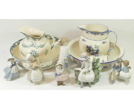 Six Nao porcelain figurines, together with two pairs of Edwardian pottery jug &amp; bowl sets. (2) 