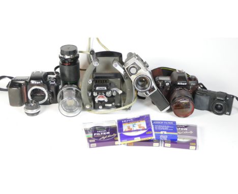 Two SLR vintage film cameras comprising of a Nikon F50 and a Nikon F80, together with a Ricoh GX200 digital camera, a Viceroy