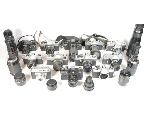 Twelve SLR vintage film cameras to include a Praktica B100, a Zenit E, a Fujica STX-1 and a Minolta SRT101. Together with ten