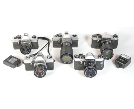 Five SLR vintage film cameras to include a Praktica Nova II, a Praktica Super TL and a Praktica PM3. Together with two flashe