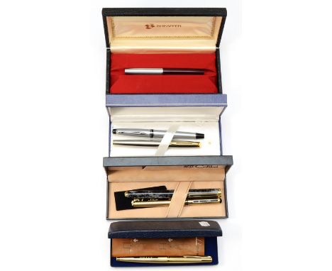 Sheaffer, a gold plated fountain pem with 14K gold nib, push button fill, named, case, another with burgandy body and steel c