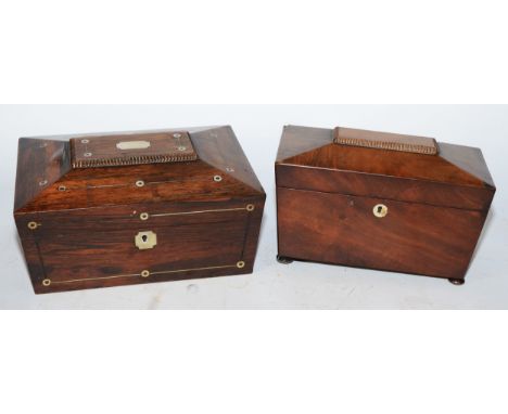 An Edwardian rosewood jewellery box, having inset mother of pearl decoration, 30x22cm, together with a Victorian mahogany tea