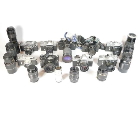 Eight SLR vintage film cameras to include a Zenit E, a Praktica BC1, a Ricoh KR10 and a Zenit II. Together with fifteen mixed