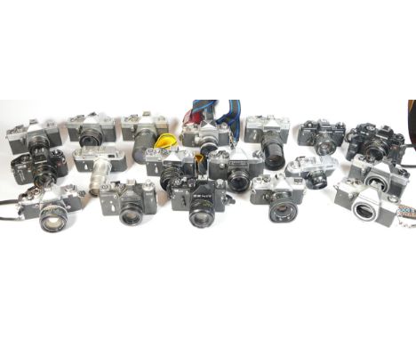 Nineteen SLR vintage film cameras to include a Zenit 12xp, a Chinon CE-5, a Praktica Nova II and a Zorki 4K 