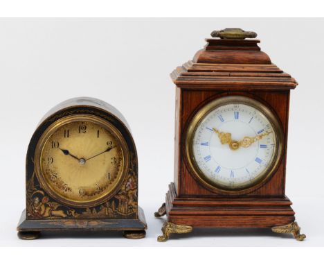 A 1930s mantel clock, having manual wind movement with gilt circular dial in black lacquered chinoiserie arched case, 14cm ta