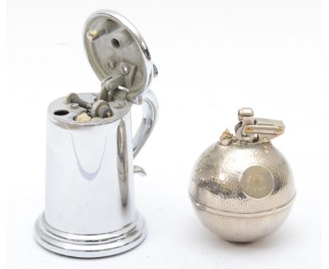 Dunhill, a chrome plated novelty petrol table lighter in the form of a lidded tankard, 9cm and another petrol table lighter i