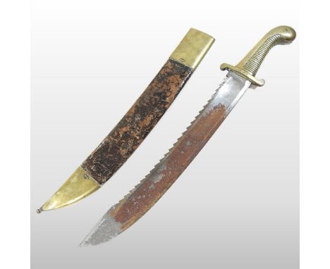 A 19th century Russian model 1827 pioneer sword, having a ribbed brass handle and sawback blade, in a brass mounted leather s