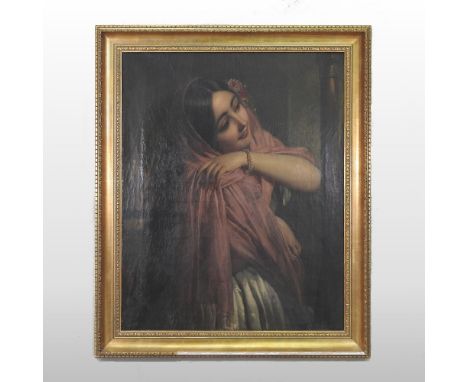 Henri Guillaume Schlesinger, (1814-1893), portrait of a lady, wearing a pink shawl and white dress, with flowers in her hair,