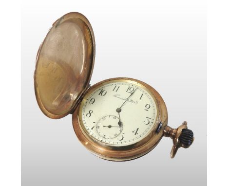 An early 20th century continental gold plated full hunter pocket watch, the white enamel dial with Arabic hours, signed Tavan