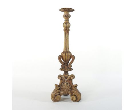 A Venetian style carved wooden table lamp base, with carved decoration, on a scrolled tripod base, 46cm high overall