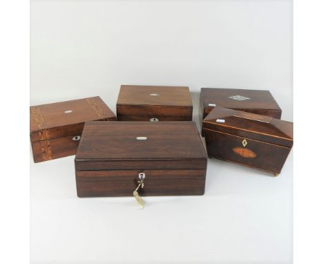 A Regency mahogany, boxwood strung and inlaid tea caddy, of sarcophagus shape, 28cm, together with four various Victorian mah