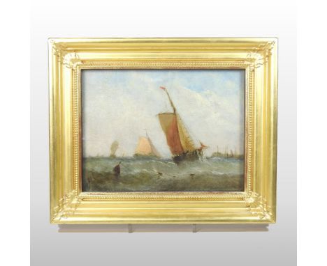 William Calcott Knell, (1830-1880), seascape with boats sailing, signed and dated 1876, oil on board, 20 x 25cm