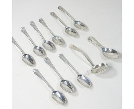 A Victorian silver caddy spoon, Sheffield 1880, 10cm long, together with a silver sifting spoon and a collection of nine 19th