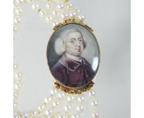 An antique five row cultured pearl bracelet, set with a portrait miniature of an 18th century gentleman, dated 1765, probably