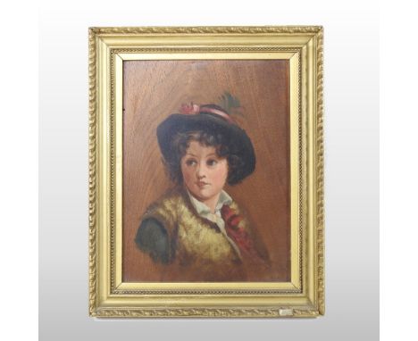 Continental school, (early 20th century), head and shoulders portrait of a child wearing a hat, oil on wooden panel, 25 x 19c