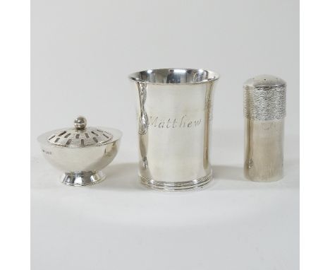 A modern silver beaker, inscribed to Matthew Stephen Knight, London 1977, 9cm high, together with a silver covered bowl,  and