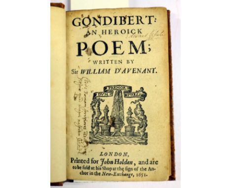 Davenant (Sir William). Gondibert: An Heroick Poem, 1st octavo edition, printed for John Holden, 1651, title with woodcut dev