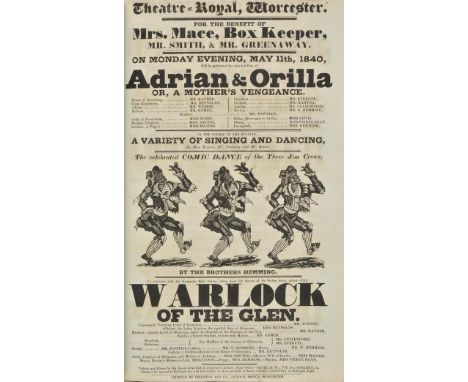 Theatre playbills. A bound collection of approximately 135 broadside playbills, mostly circa 1839-40 and some later,  the maj