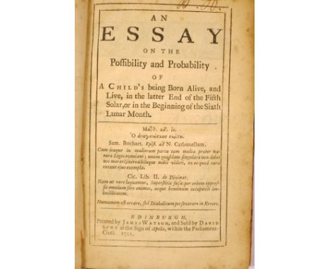 [Dickson, David]. An Essay on the Possibility and Probability of a Child's being Born Alive, and Live, in the Latter End of t