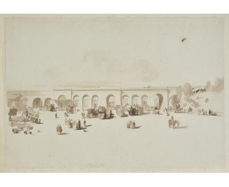 Bourne (John C., 1814-1896). Paddington Terminus, pencil and sepia wash on card, showing figures and horse-drawn vehicles in 