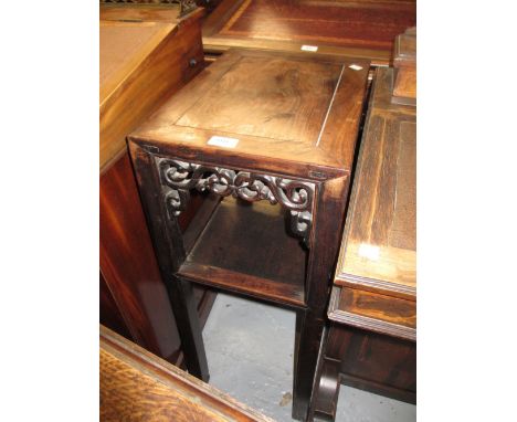 19th Century Chinese hardwood lamp table, the rectangular top above a pierced frieze on square cut supports with undertier