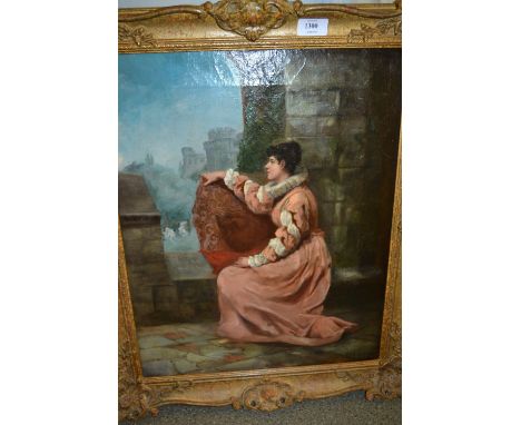 W.A. Breakspeare, signed oil on canvas, portrait of a young lady looking out at a castle courtyard, 20ins x 16ins