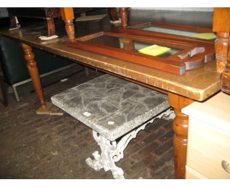 Rectangular pine dining table on turned supports together with a set of four stick back chairs