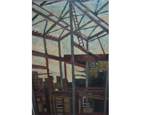 Reg Hazell, two oils, an industrial scene and an abstract composition with a further portrait verso (one signed, one with lab