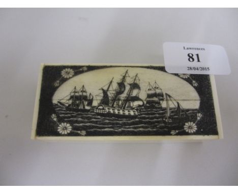 Rectangular bone trinket box engraved with various sailing ships