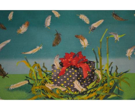 Modern Japanese Limited Edition wood block print entitled ' Principal ' depicting falling feathers around a wrapped present, 